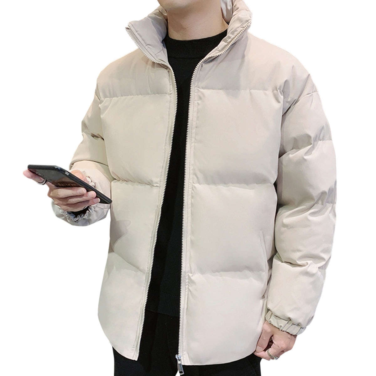 Men's Solid Color Stand Collar Cotton Coat White
