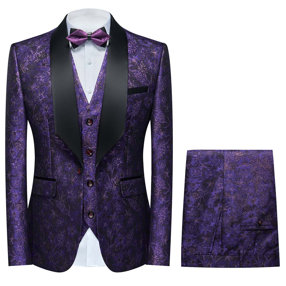 Men's Shawl Collar Print Suit 3-Piece Dress Suit Purple