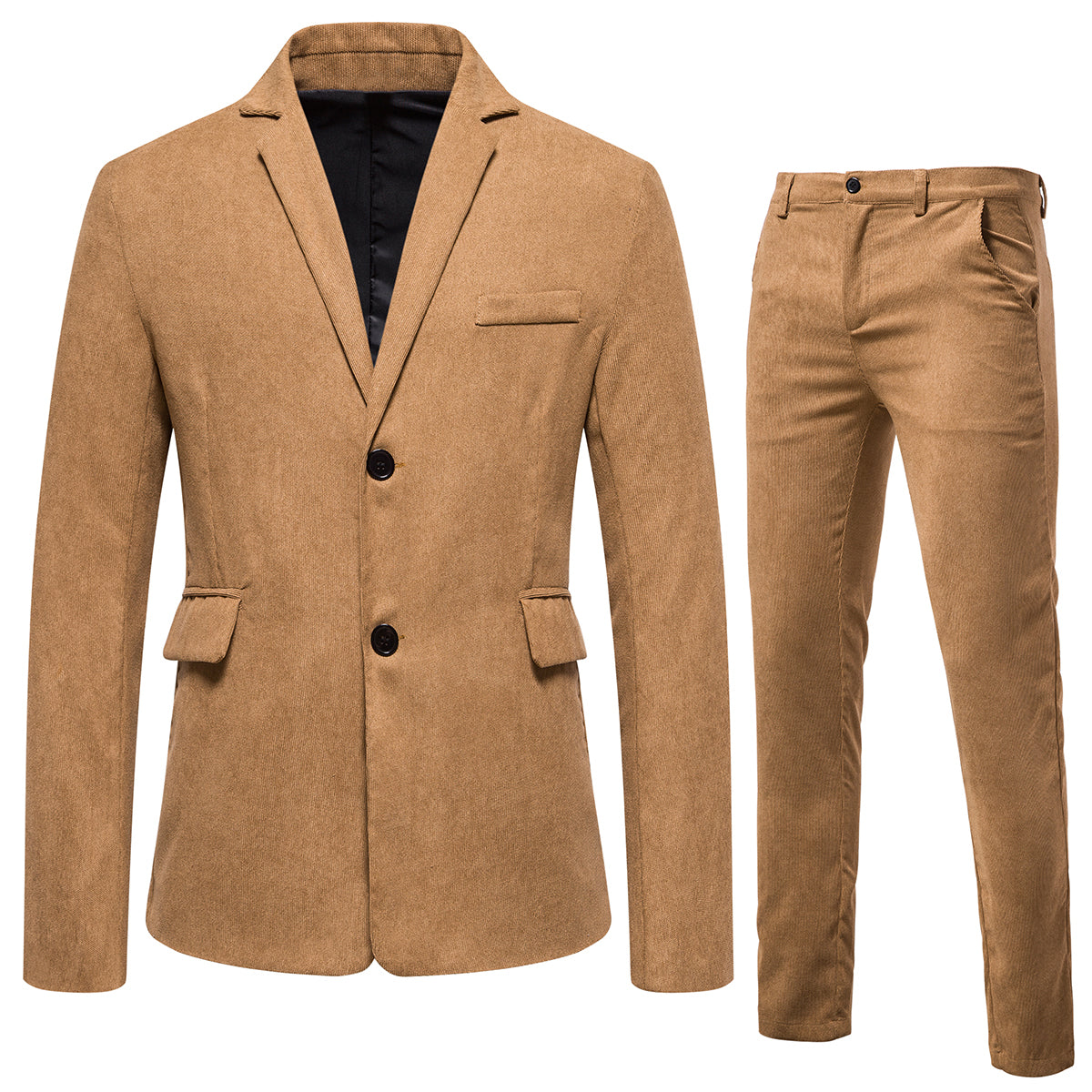 2-Piece Solid Color Two Button Single Breasted Corduroy Suit Khaki