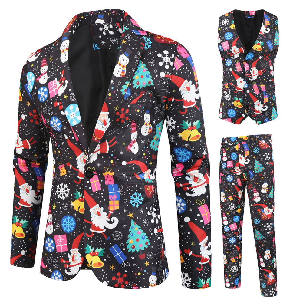 Men's 3-piece Christmas Print Suit Black