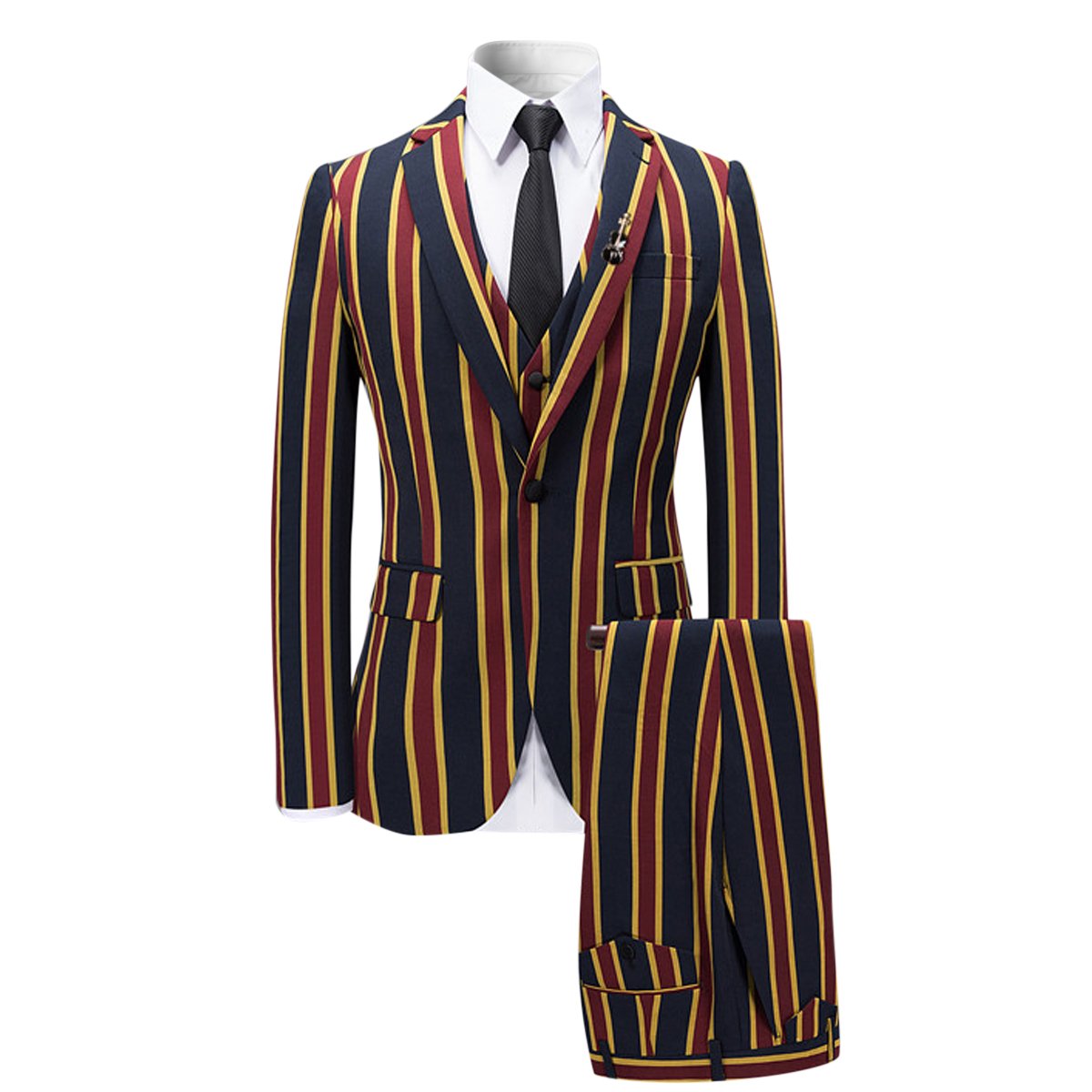 Mens Red & Navy Striped 3 Piece Suit Slim Fit Tuxedo Blazer Jacket Pants Vest Set