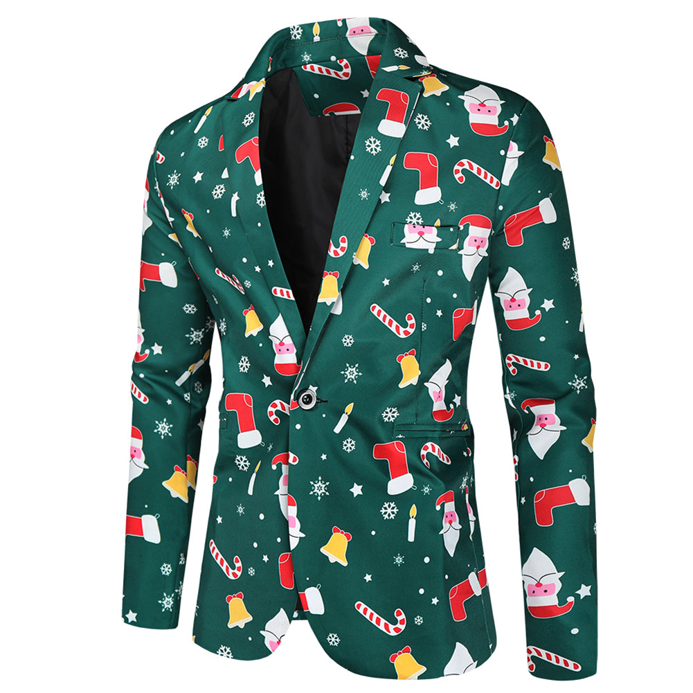 Men's 3-piece Santa Claus Christmas Print Suit Dark Green