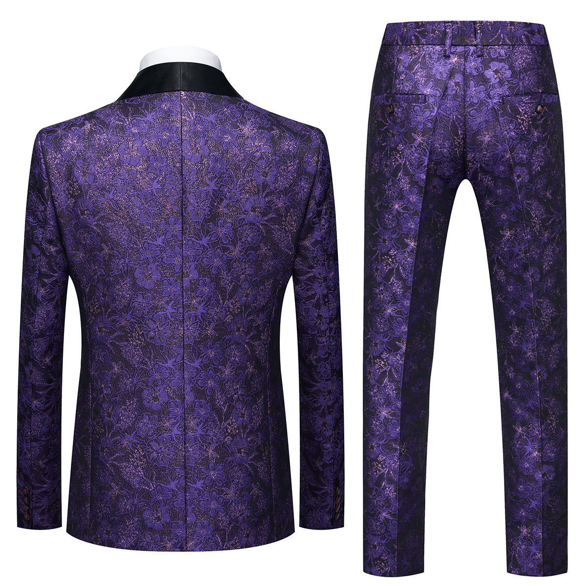 Men's Shawl Collar Print Suit 3-Piece Dress Suit Purple