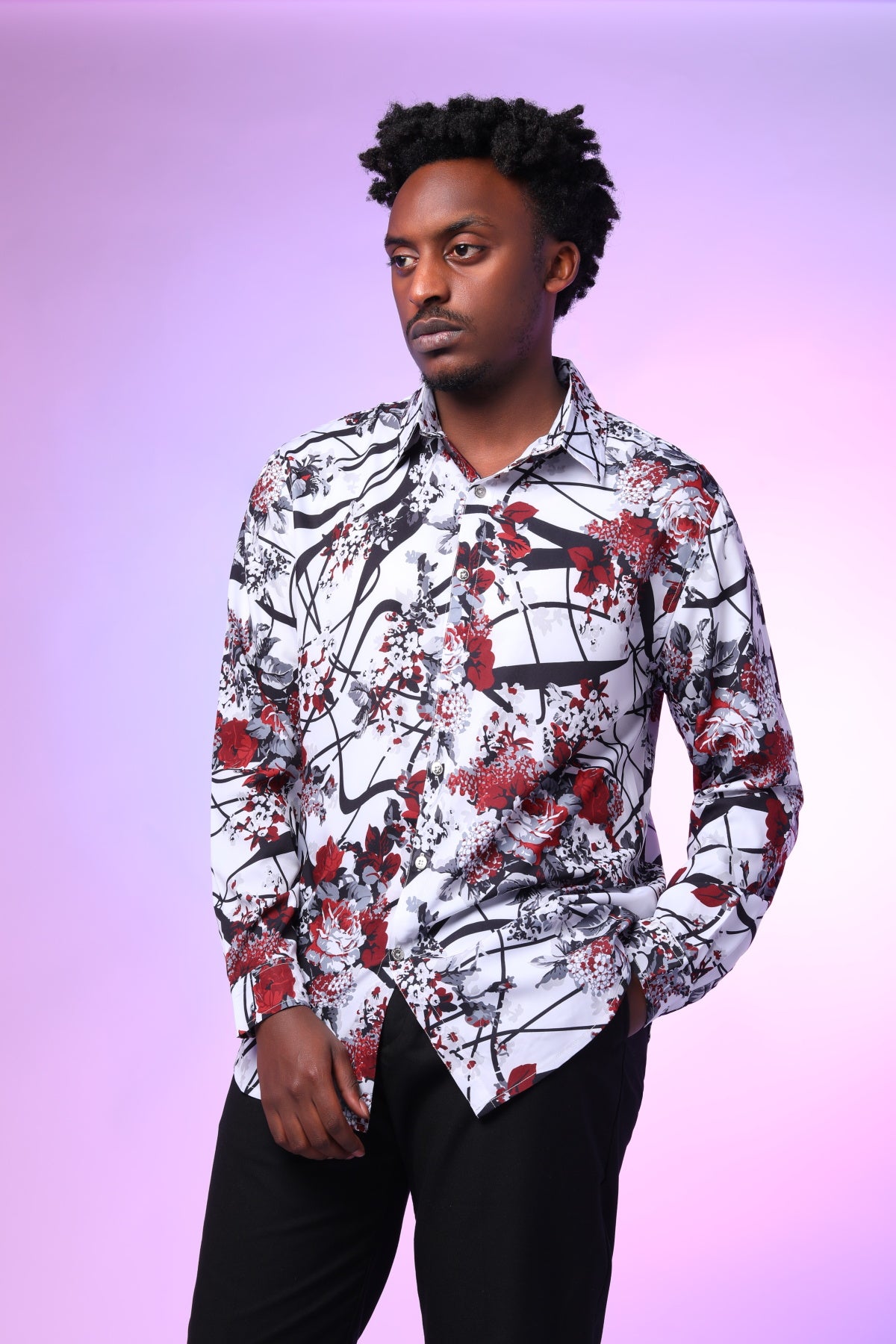 Slim Fit Red Plum Flower Print Shirt