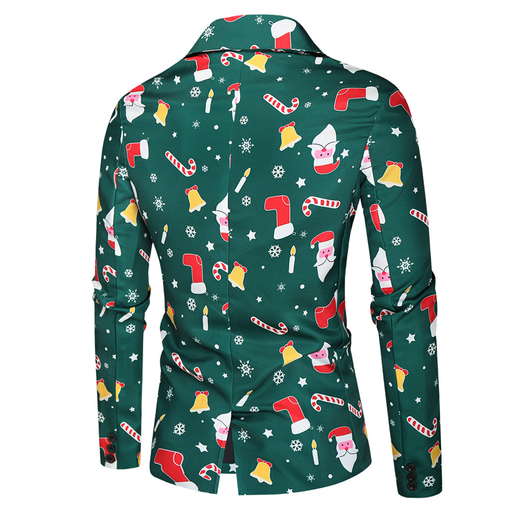 Men's 3-piece Santa Claus Christmas Print Suit Dark Green