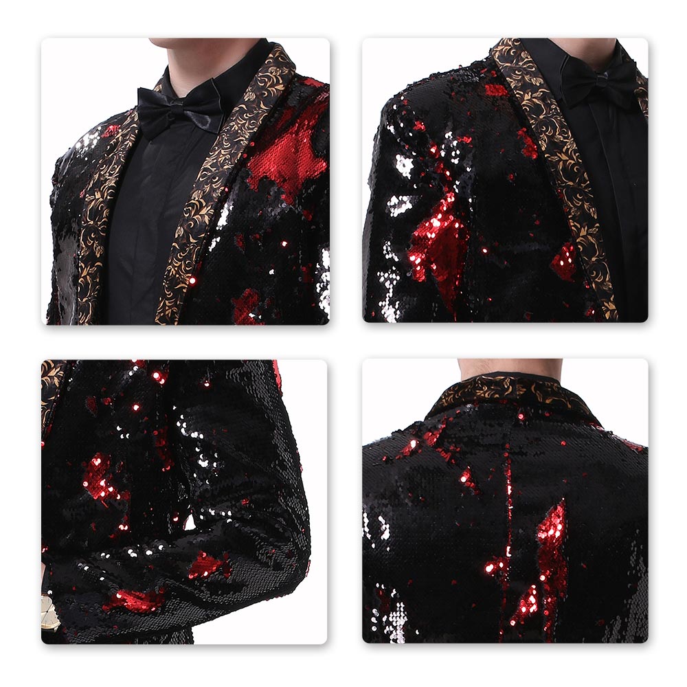 Red & Black Shawl Collar Sequins Dance Party Jacket