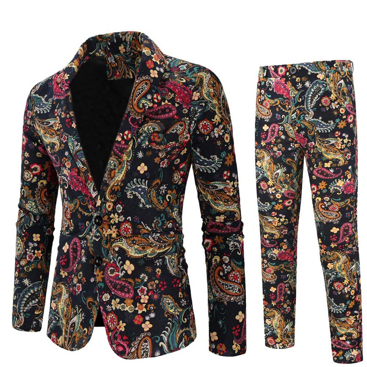 2-Piece Men's Button Mid-Slit Cashew Flower Suit