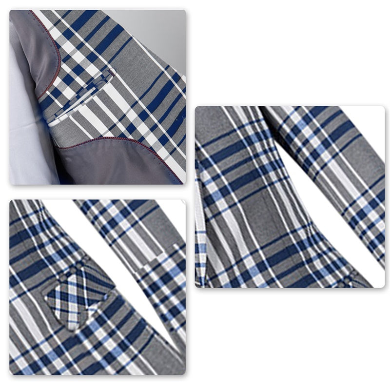 Three Piece Slim Fit Casual Plaid Grey Suit