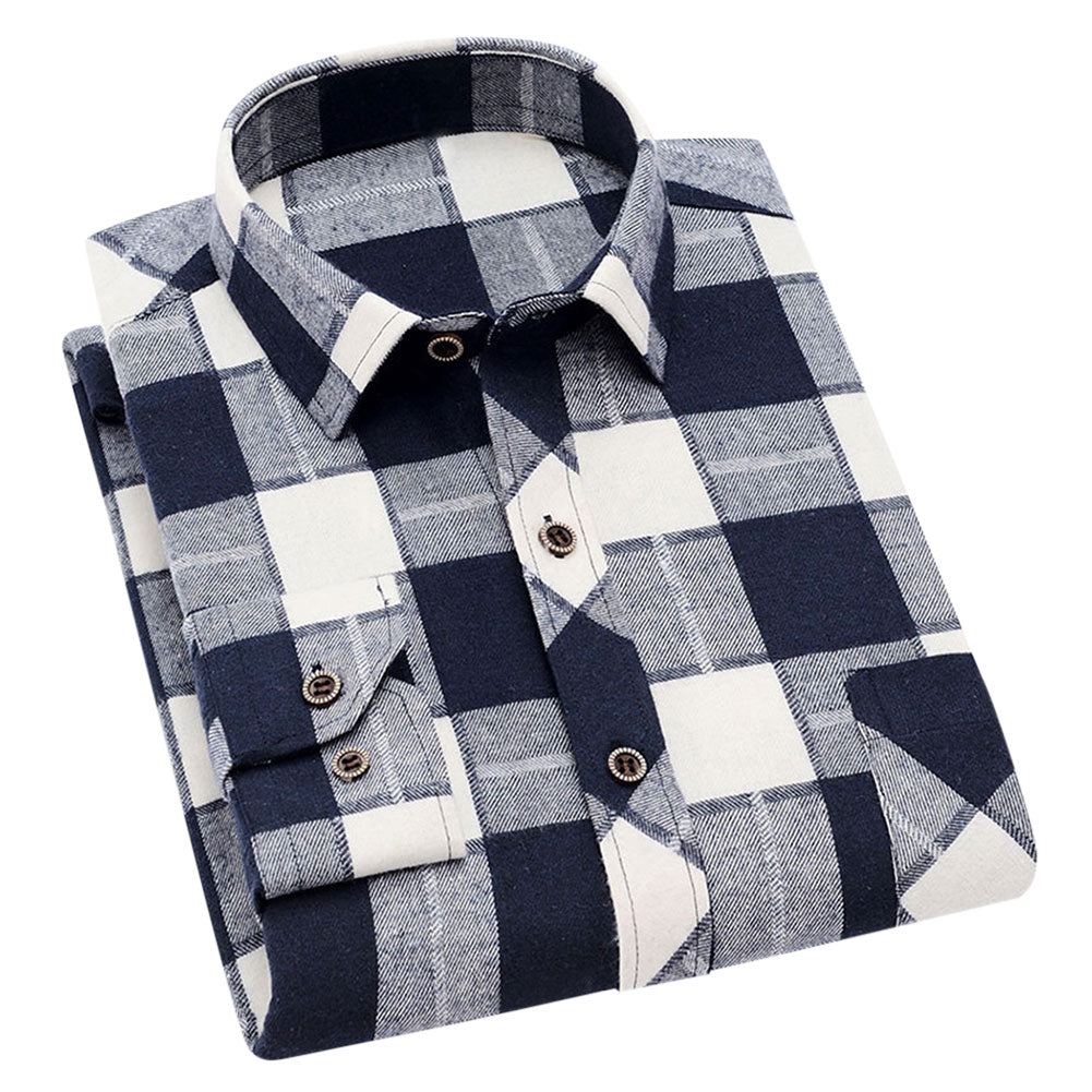 Men's Check Lapel Long Sleeve Shirt Dark Blue