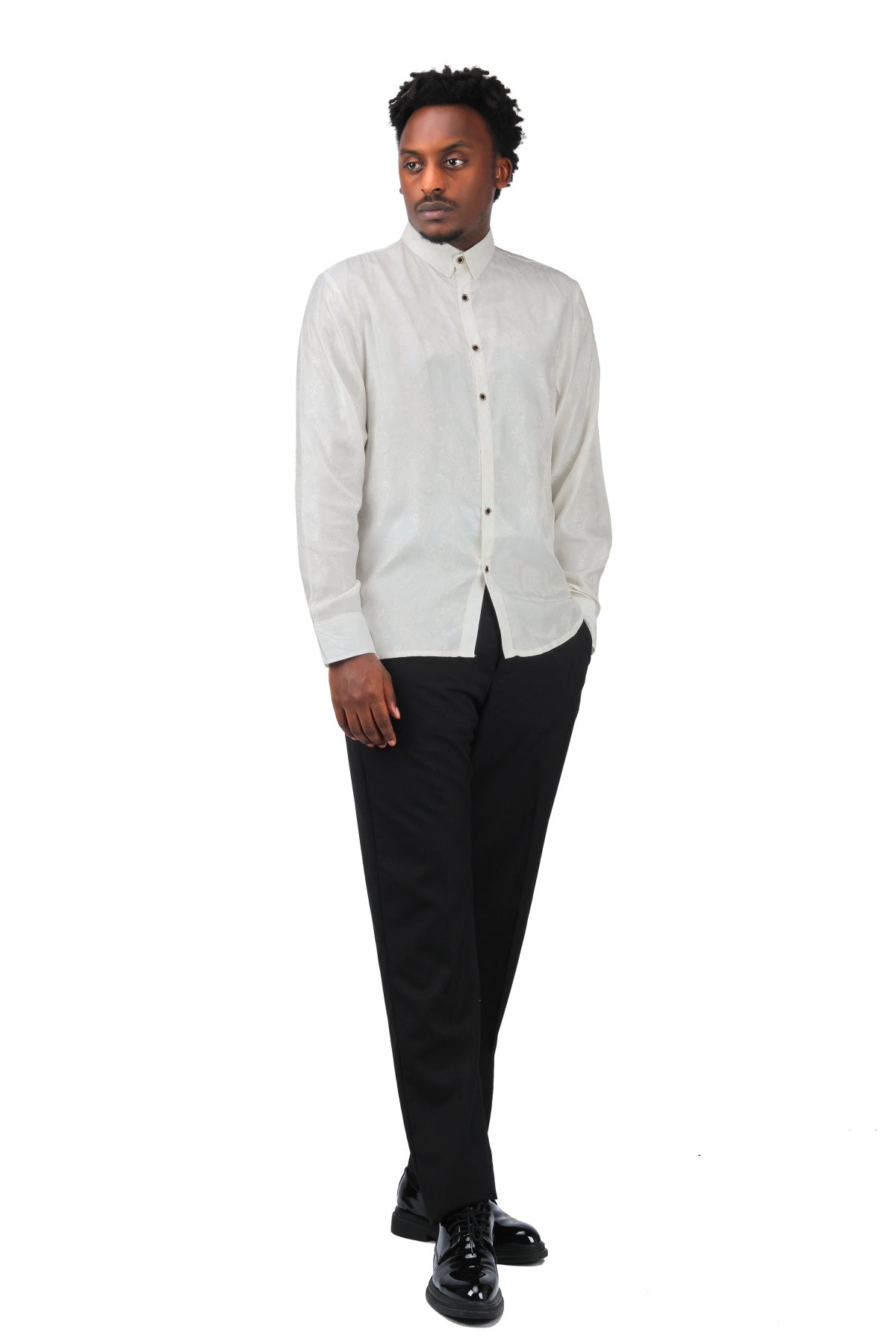 Slim Fit Embroidered White Paisley Shirt