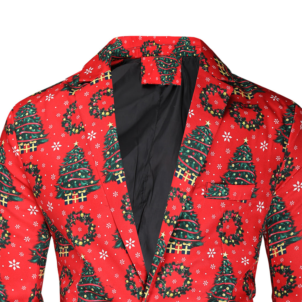 Men's 3-piece Christmas Tree Christmas Print Suit Red
