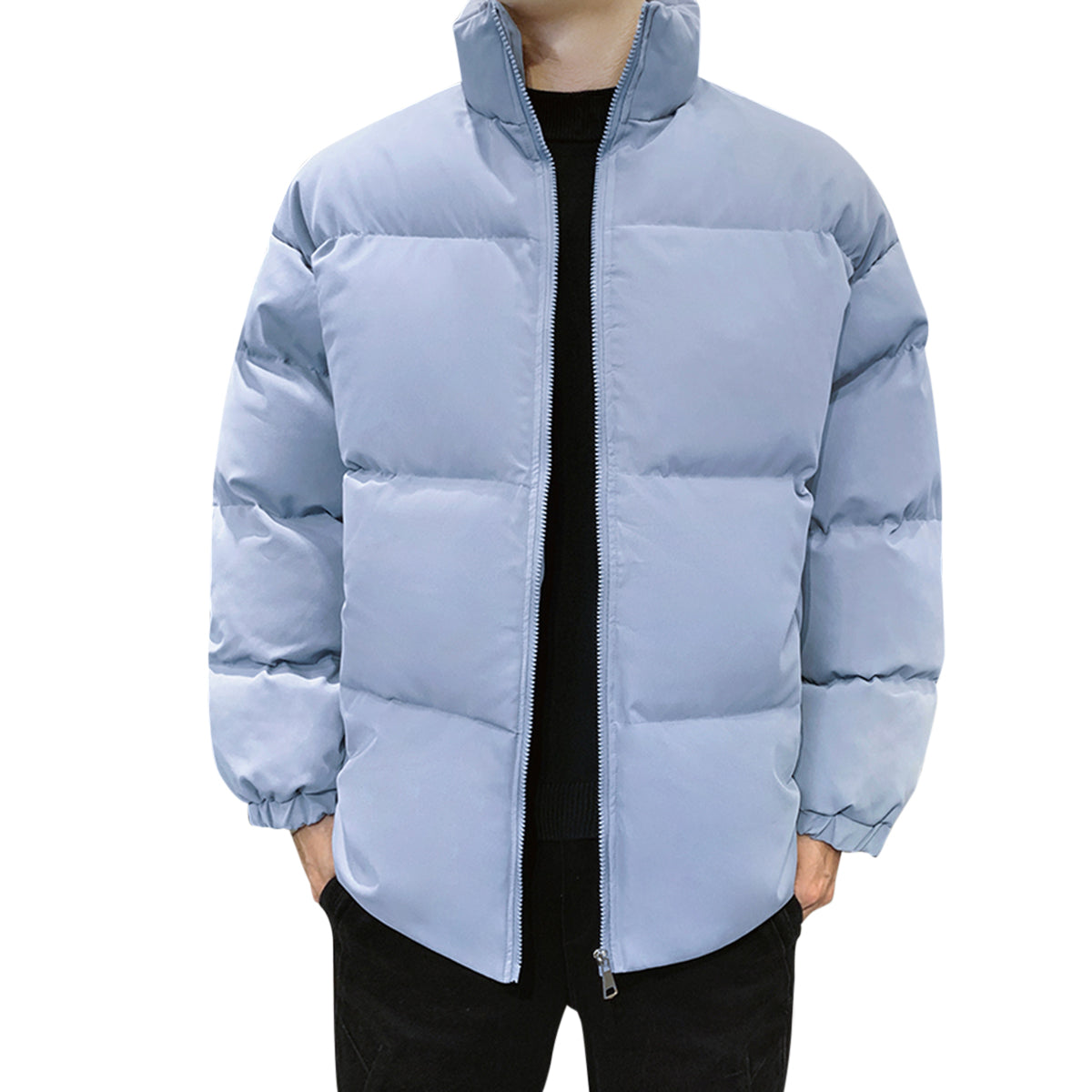 Men's Solid Color Stand Collar Cotton Coat Blue