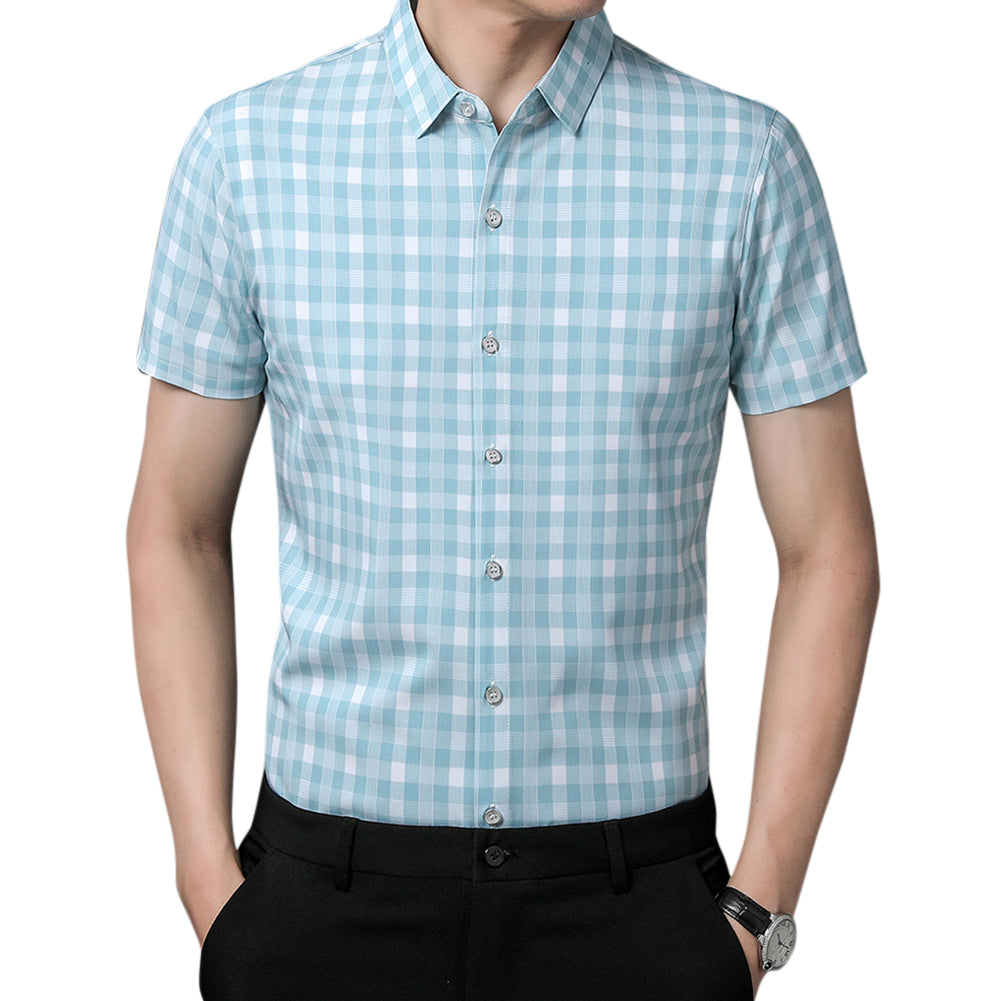 Men's Plaid Lapel Short Sleeve Shirt Green