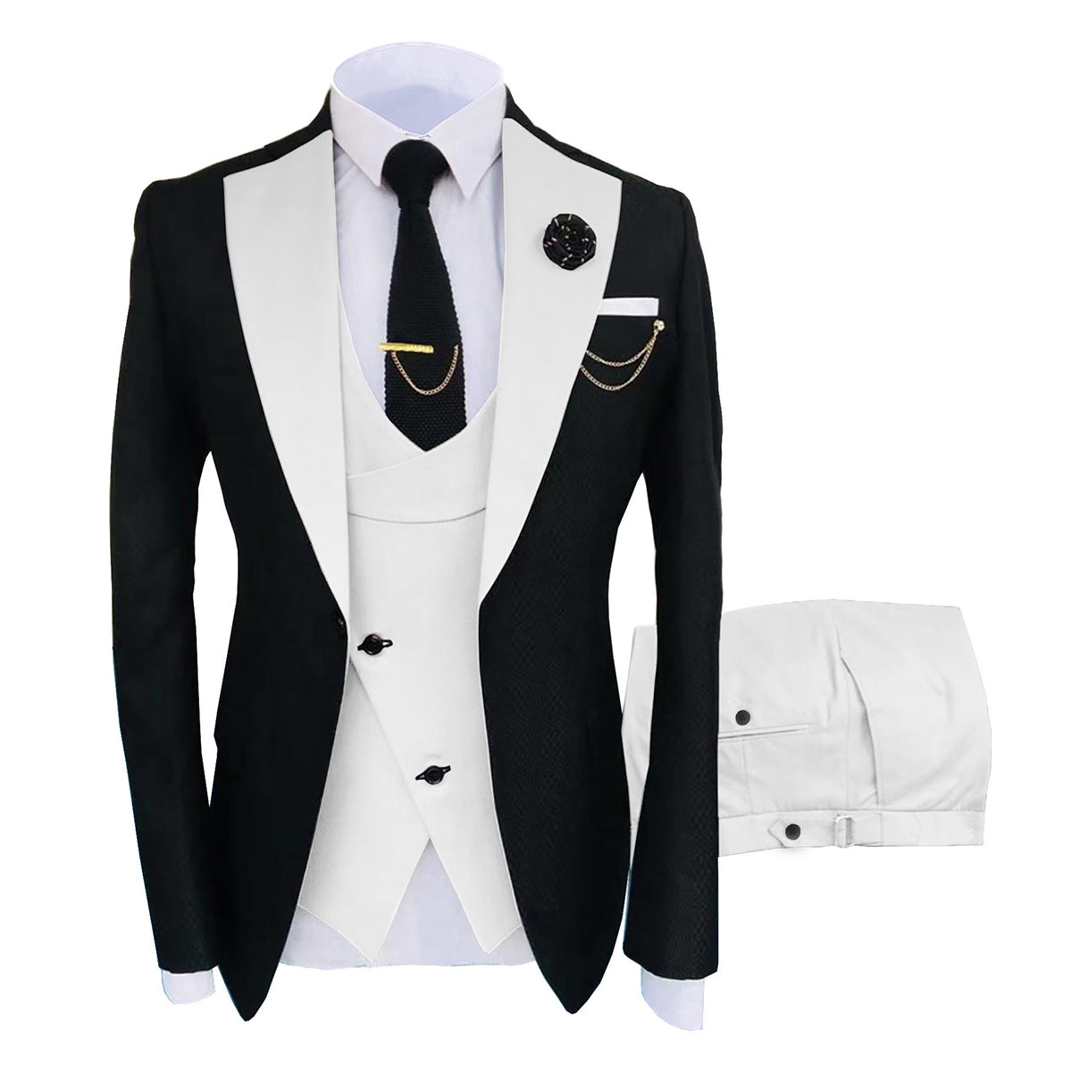 Men's 3-Piece Fashion One Button Color-Blocking Suit White