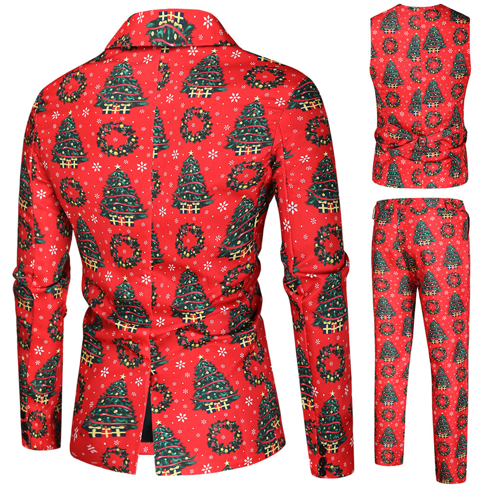 Men's 3-piece Christmas Tree Christmas Print Suit Red