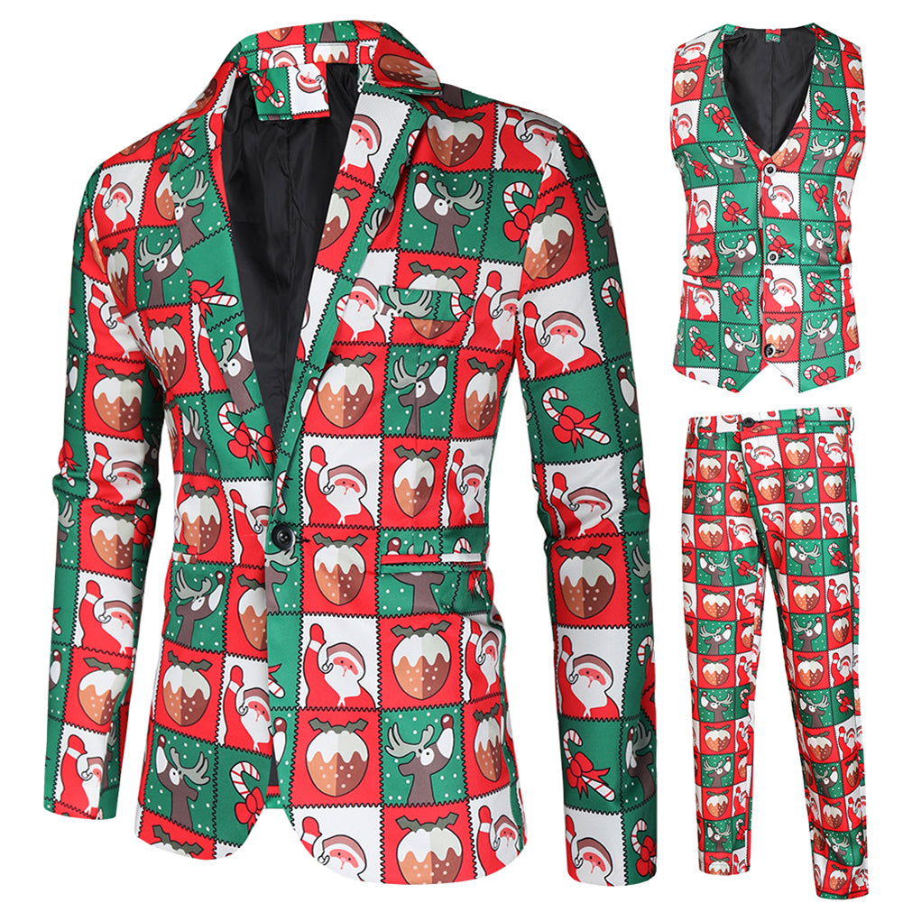 Men's 3-piece Santa Claus Christmas Print Suit Red & Green