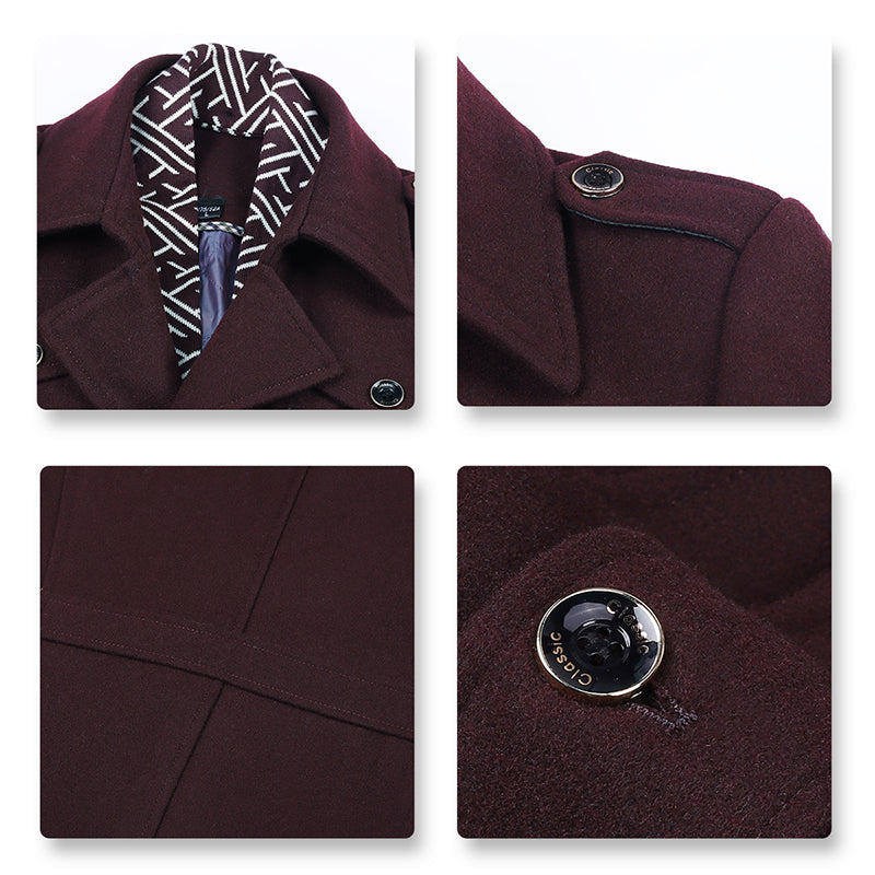 Slim Fit Casual Soild Darkred Overcoat With Removable Scarf