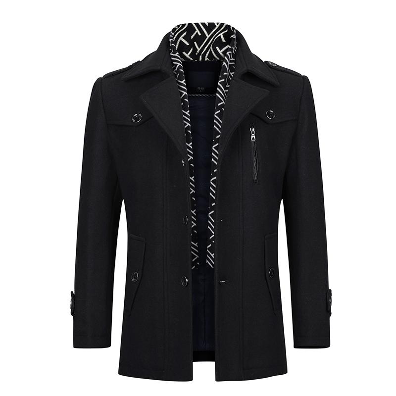 Slim Fit Casual Soild Black Overcoat With Removable Scarf