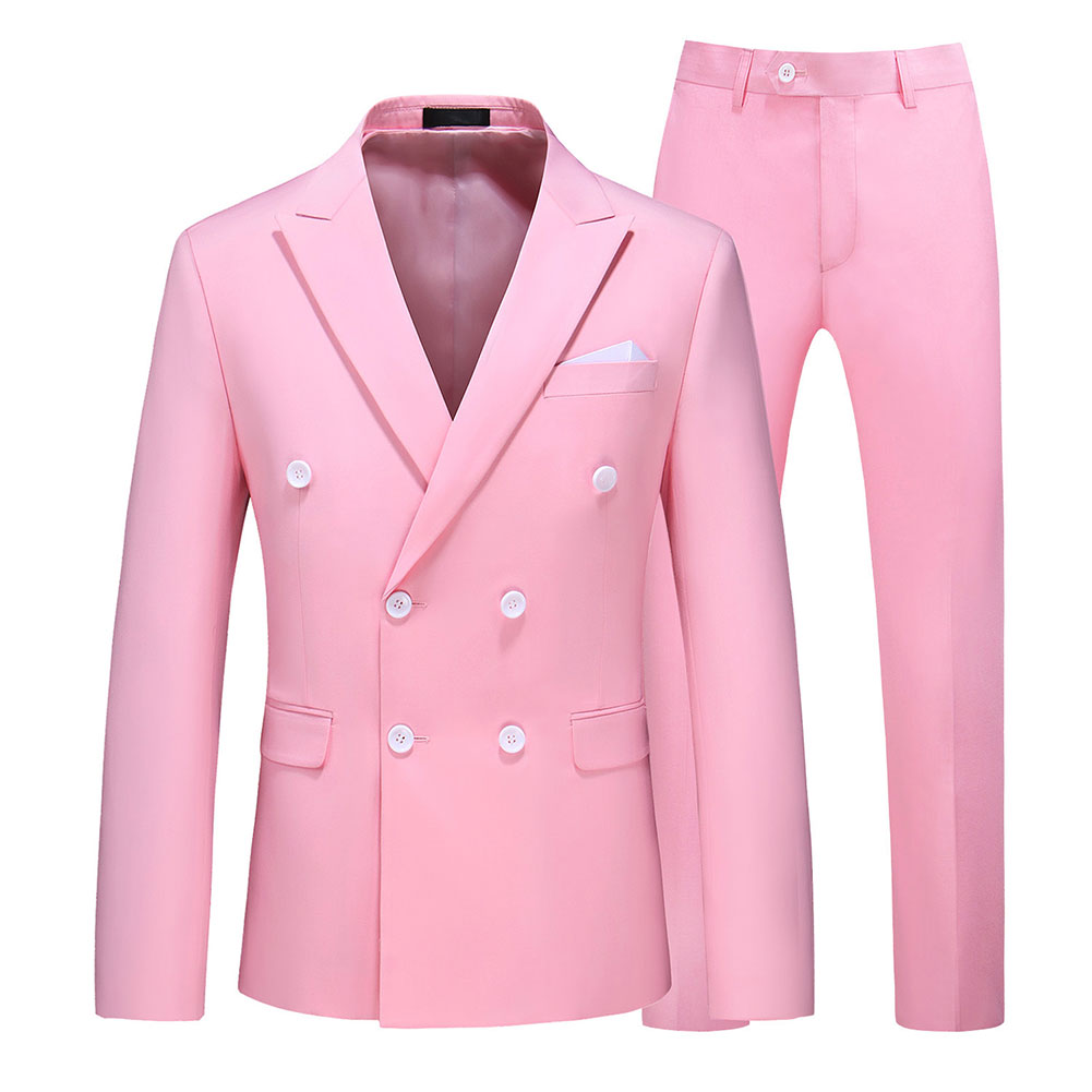 2-Piece Double Breasted Solid Color Pink Suit