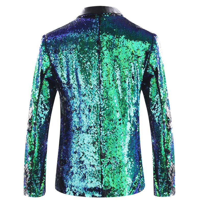 Bluish Green Buttonless Reversible Sequins Satin Collar Blazer