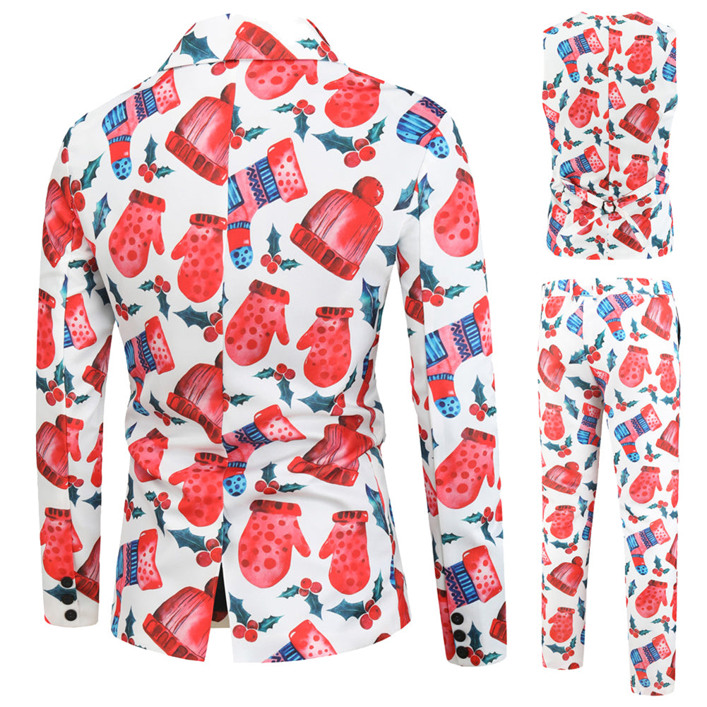 Men's 3-piece Christmas Socks Mittens Christmas Print Suit White & Red