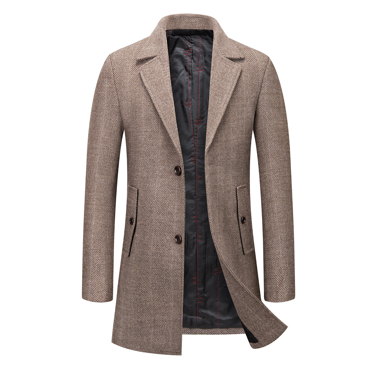 Men's Wool Coats Slim Fit Padded Winter Trench Overcoat Brown