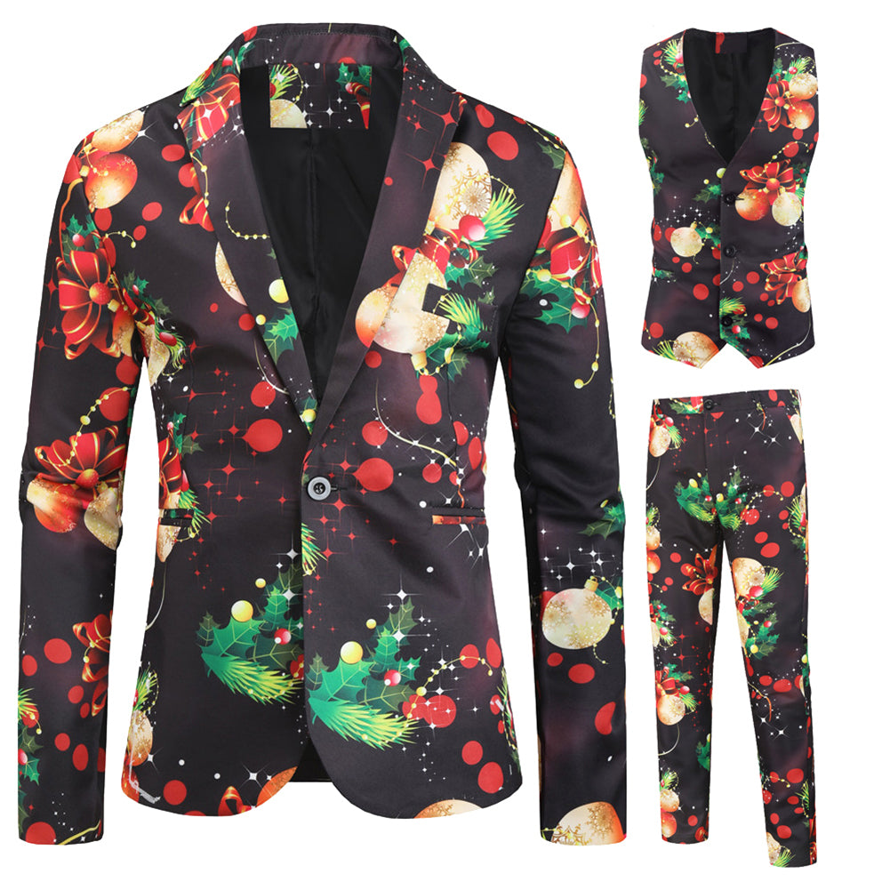 Men's 3-piece Christmas Light Christmas Print Suit Black