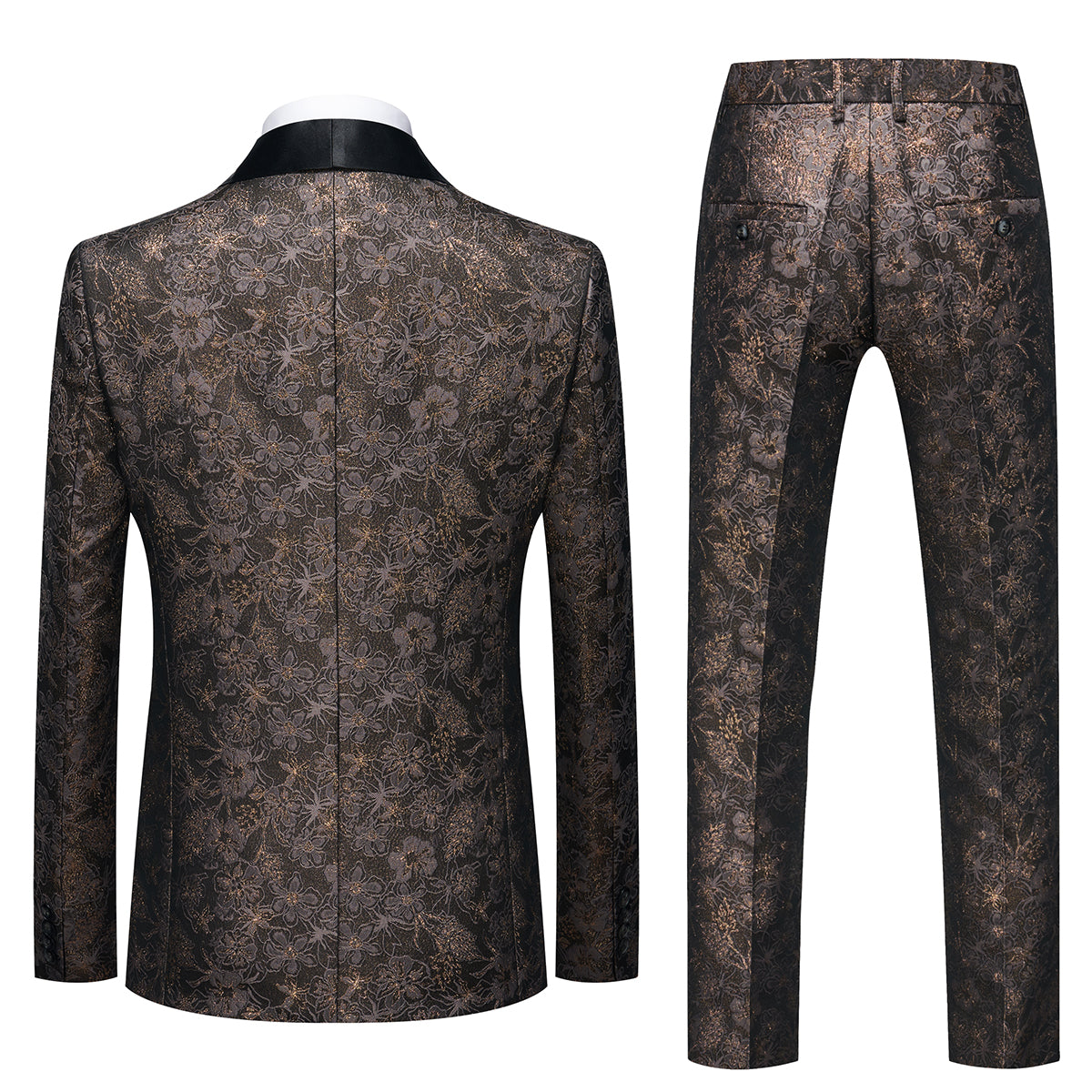 Men's Shawl Collar Print Suit 3-Piece Dress Suit Coffee