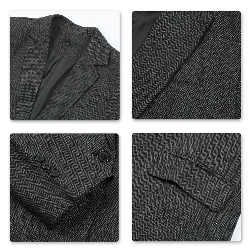 Mens Casual Suit Blazer Slim Fit Herringbone Tux Jacket Dark Grey