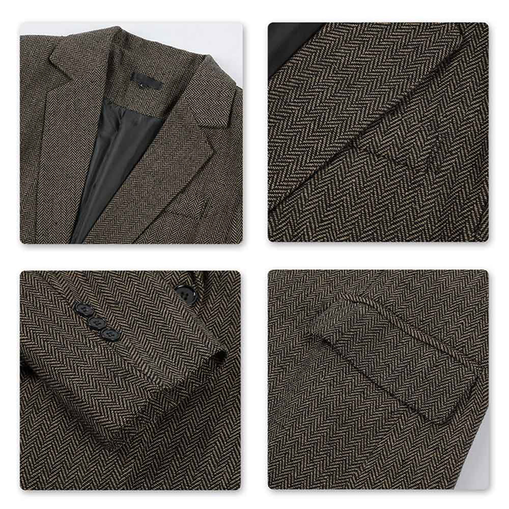 Mens Casual Suit Blazer Slim Fit Herringbone Tux Jacket Brown