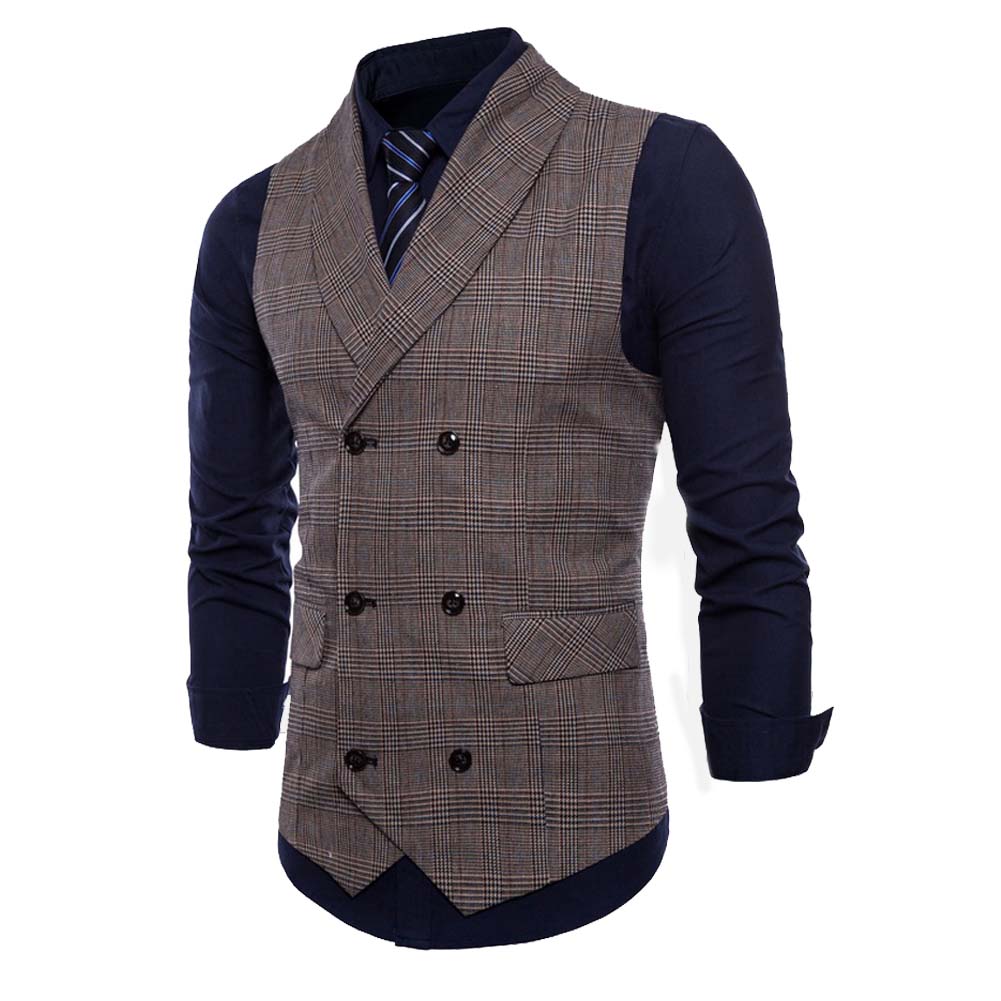Men's Plaid Vests Stripes Business Slim Fit Vests Coffee