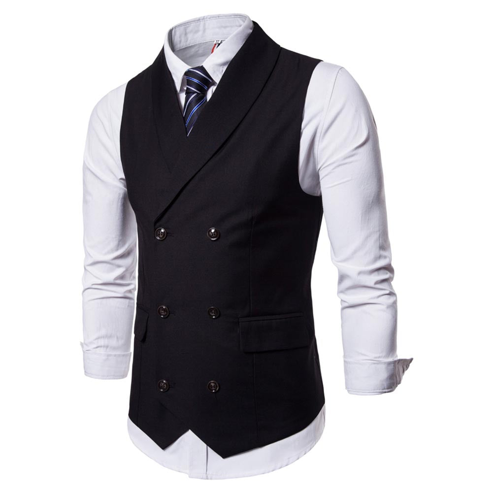 Slim Fit Solid Vest Double Breasted Black