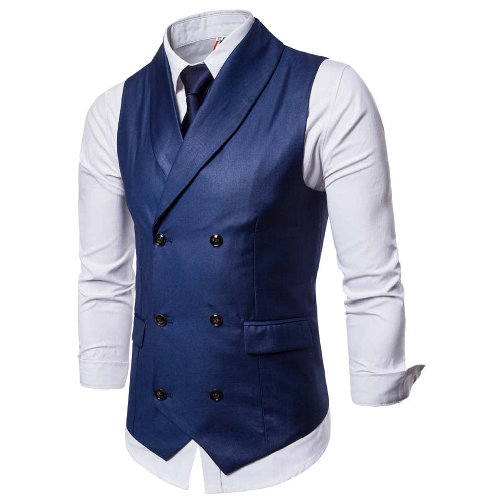 Slim Fit Solid Vest Double Breasted Blue