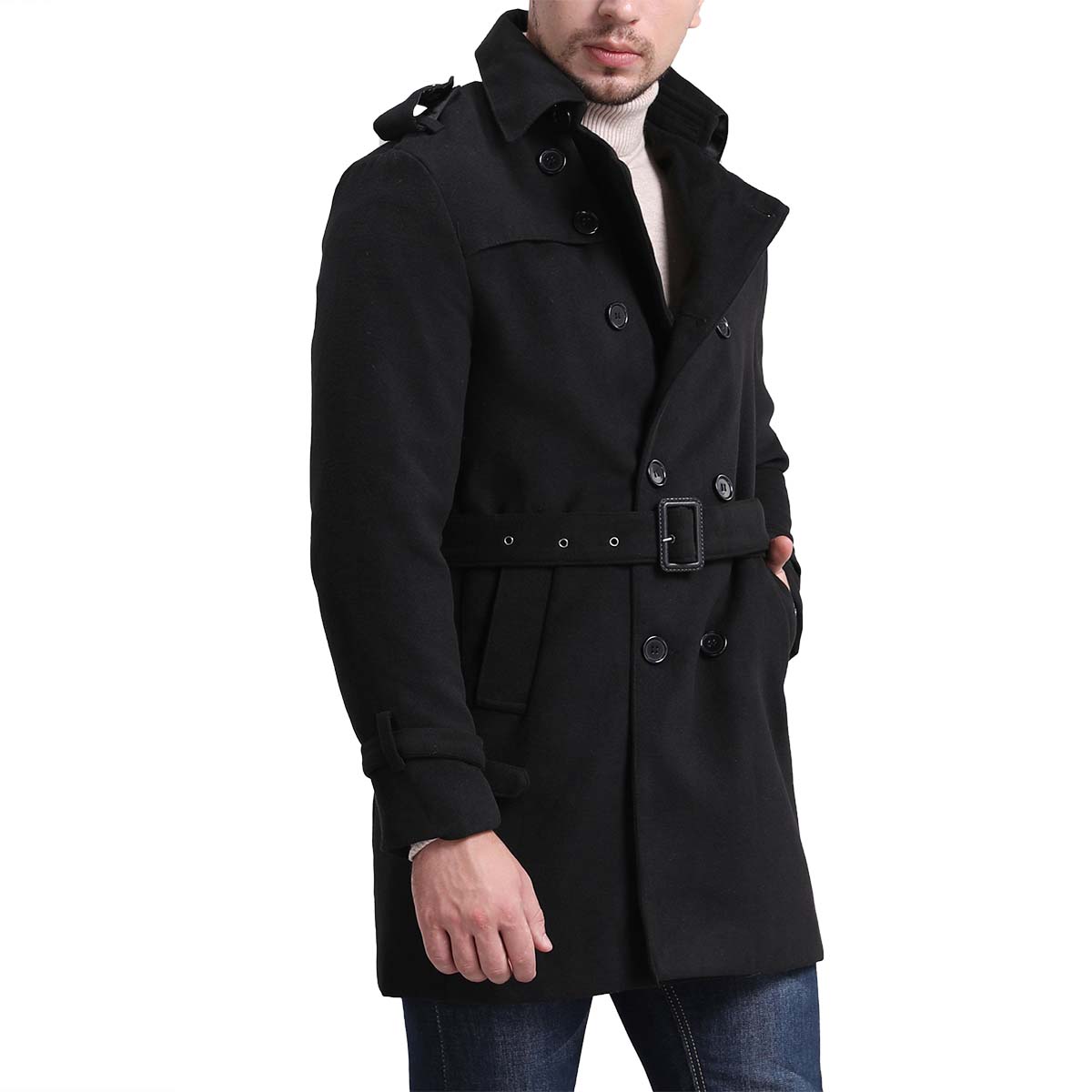 Men's Regular Fit Winter Overcoat Long Wool Coat with Belt