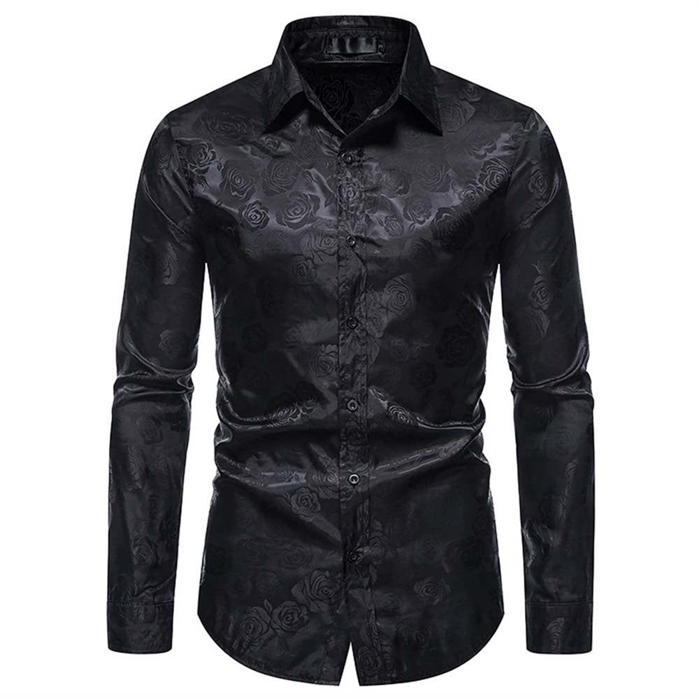 Men's Slim Fit Rose Printed Fashion Casual Shirt Black