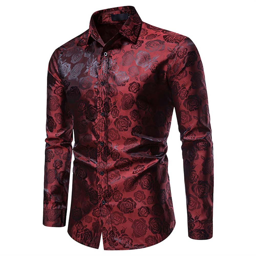 Men's Slim Fit Rose Printed Fashion Casual Shirt Red