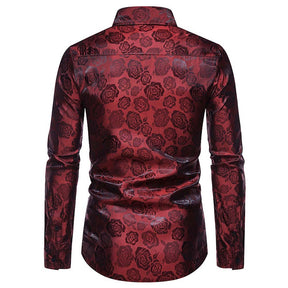Men's Slim Fit Rose Printed Fashion Casual Shirt Red