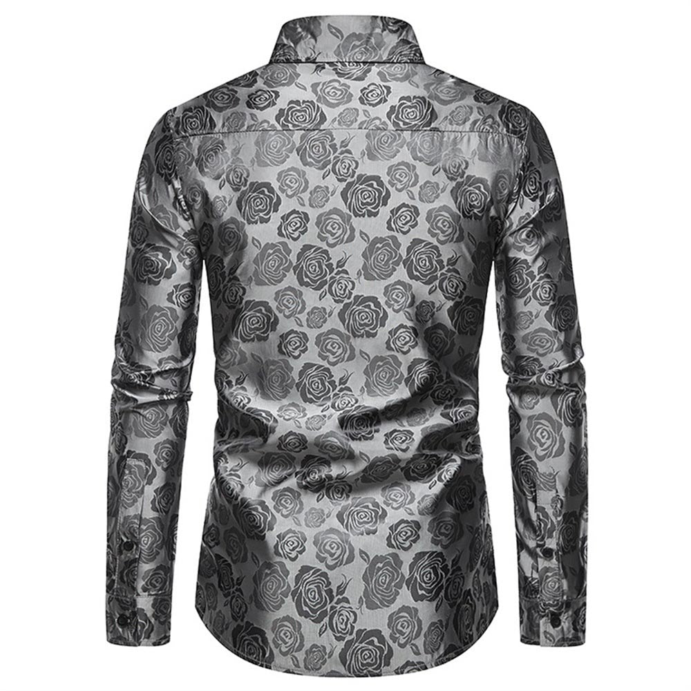 Men's Slim Fit Rose Printed Fashion Casual Shirt Grey