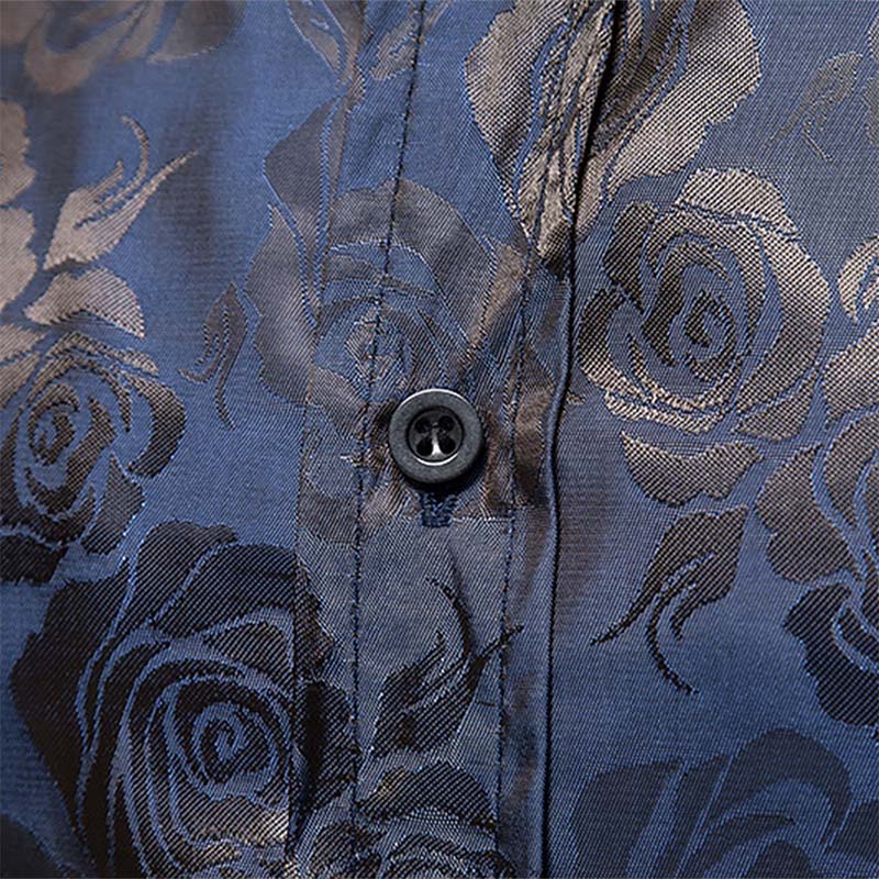 Men's Slim Fit Rose Printed Fashion Casual Shirt Blue