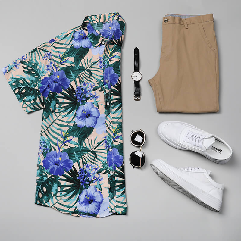 Purple Flower & Green Leaf Print Shirt