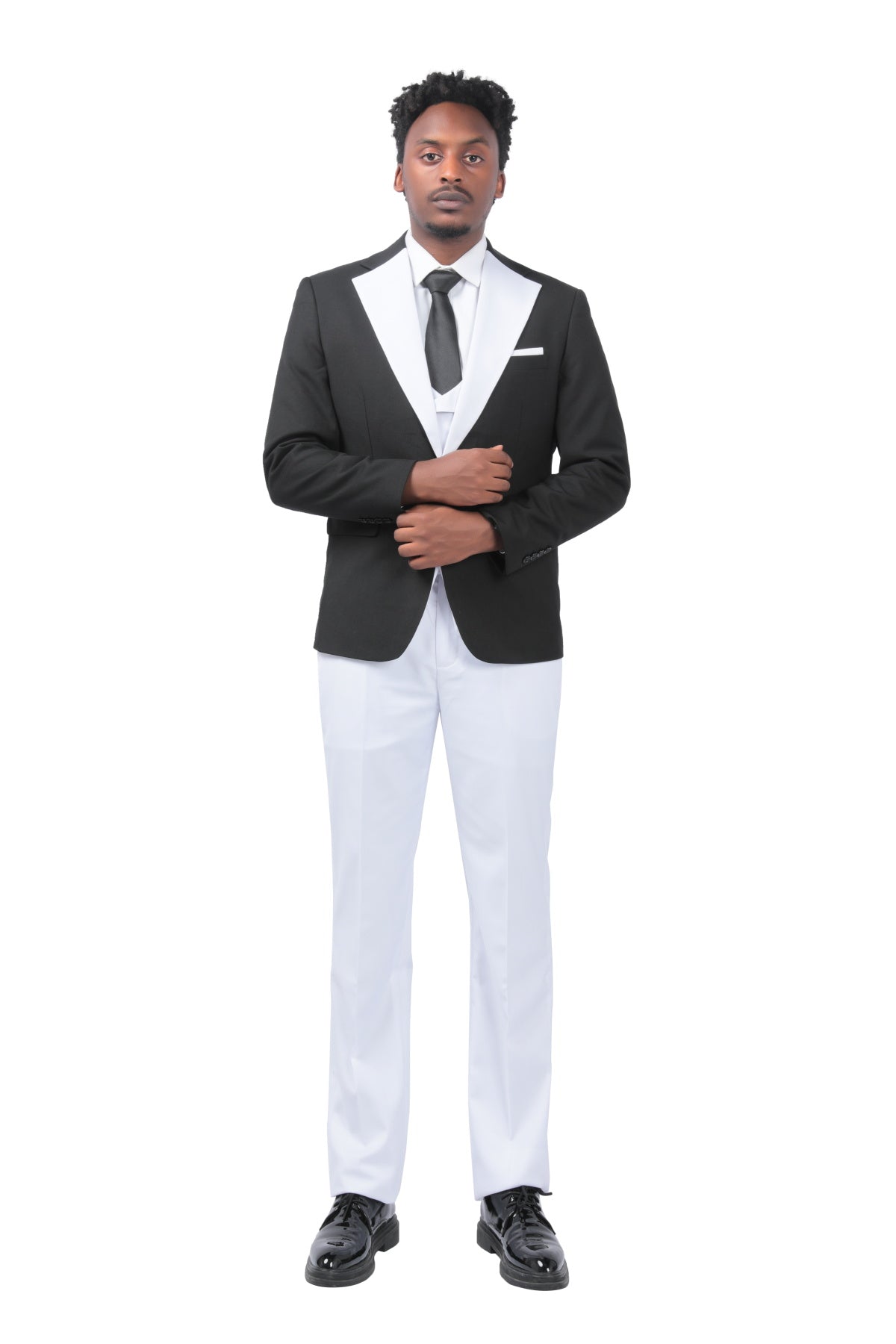 Men's 3-Piece Fashion One Button Color-Blocking Suit White
