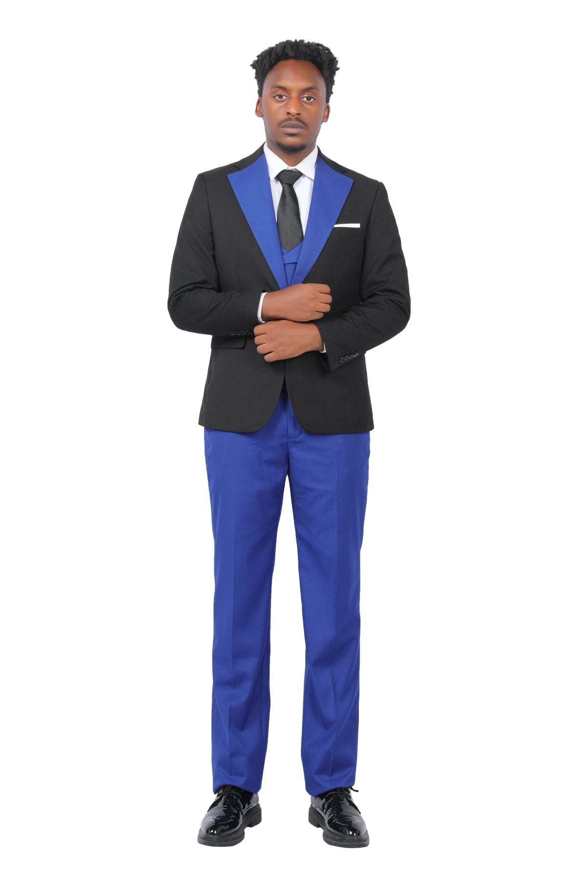 Men's 3-Piece Fashion One Button Color-Blocking Suit Blue