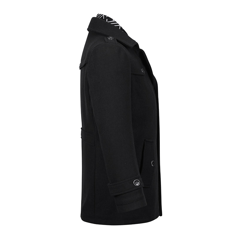 Slim Fit Casual Soild Black Overcoat With Removable Scarf