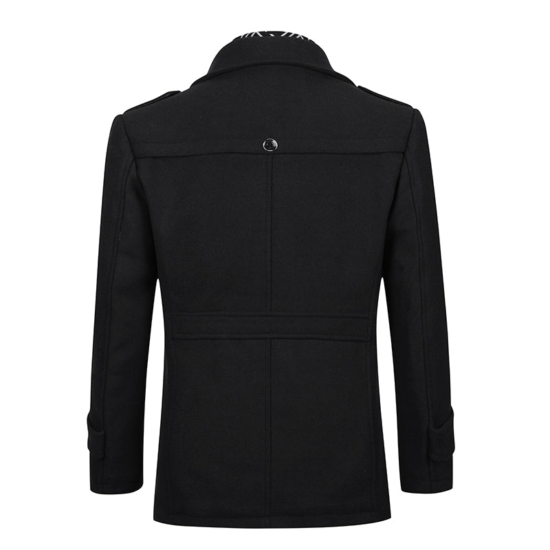 Slim Fit Casual Soild Black Overcoat With Removable Scarf