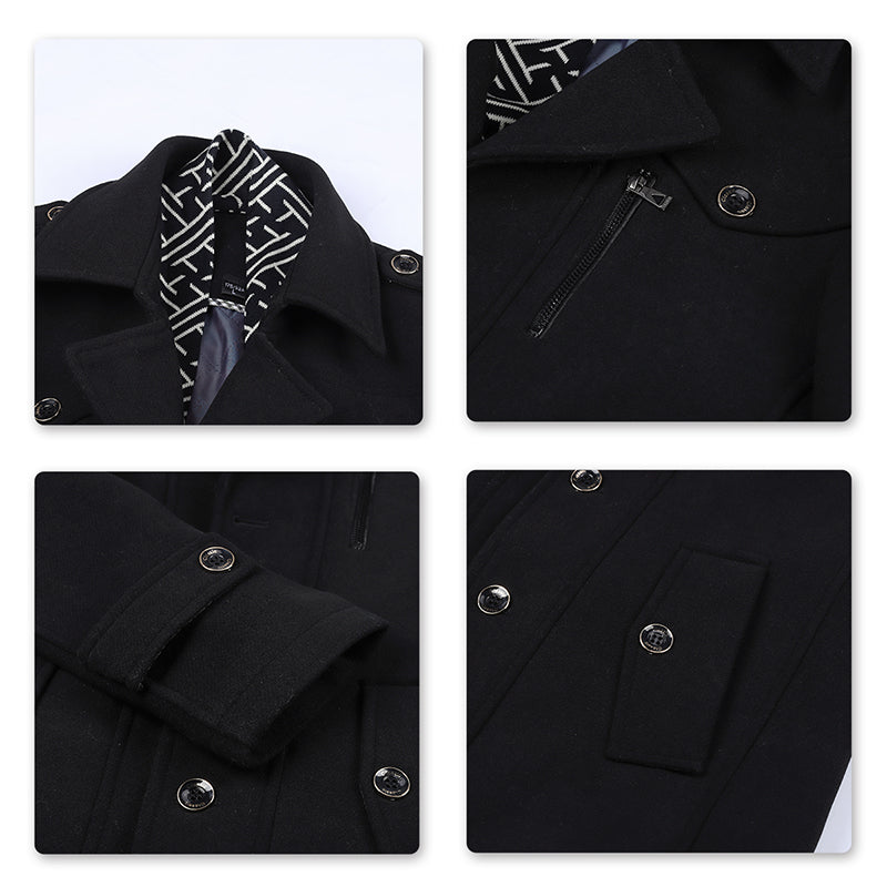 Slim Fit Casual Soild Black Overcoat With Removable Scarf