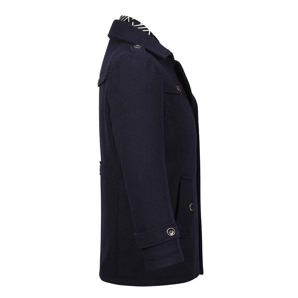 Slim Fit Casual Soild Navy Overcoat With Removable Scarf