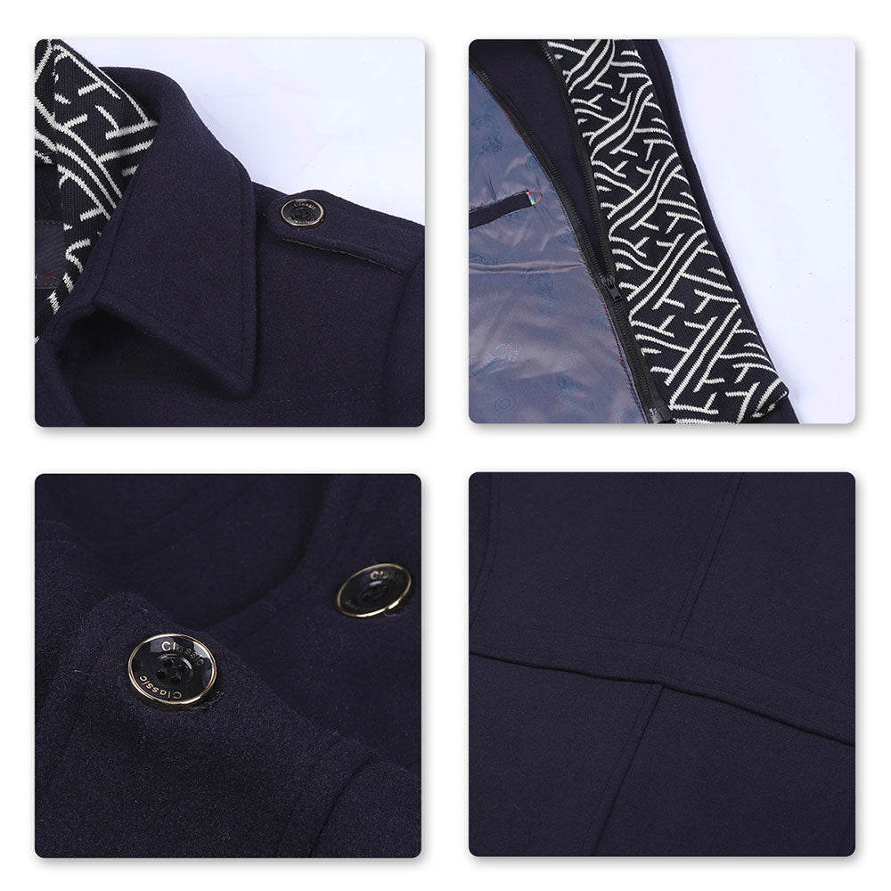 Slim Fit Casual Soild Navy Overcoat With Removable Scarf