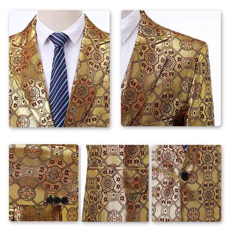 Men's Casual Floral Print Jacket Slim Fit Blazer Gold