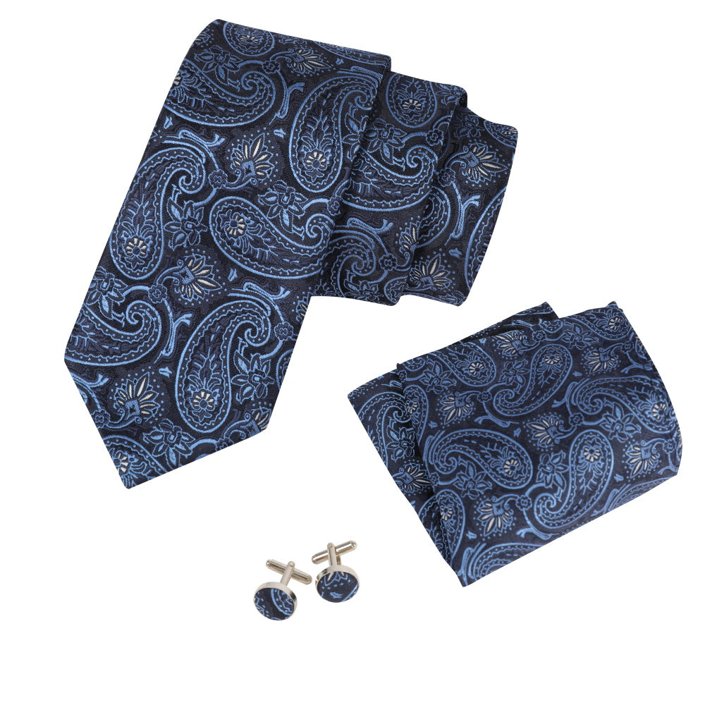 Printed Floral Tie Neckties Set with Handkerchief Cufflinks
