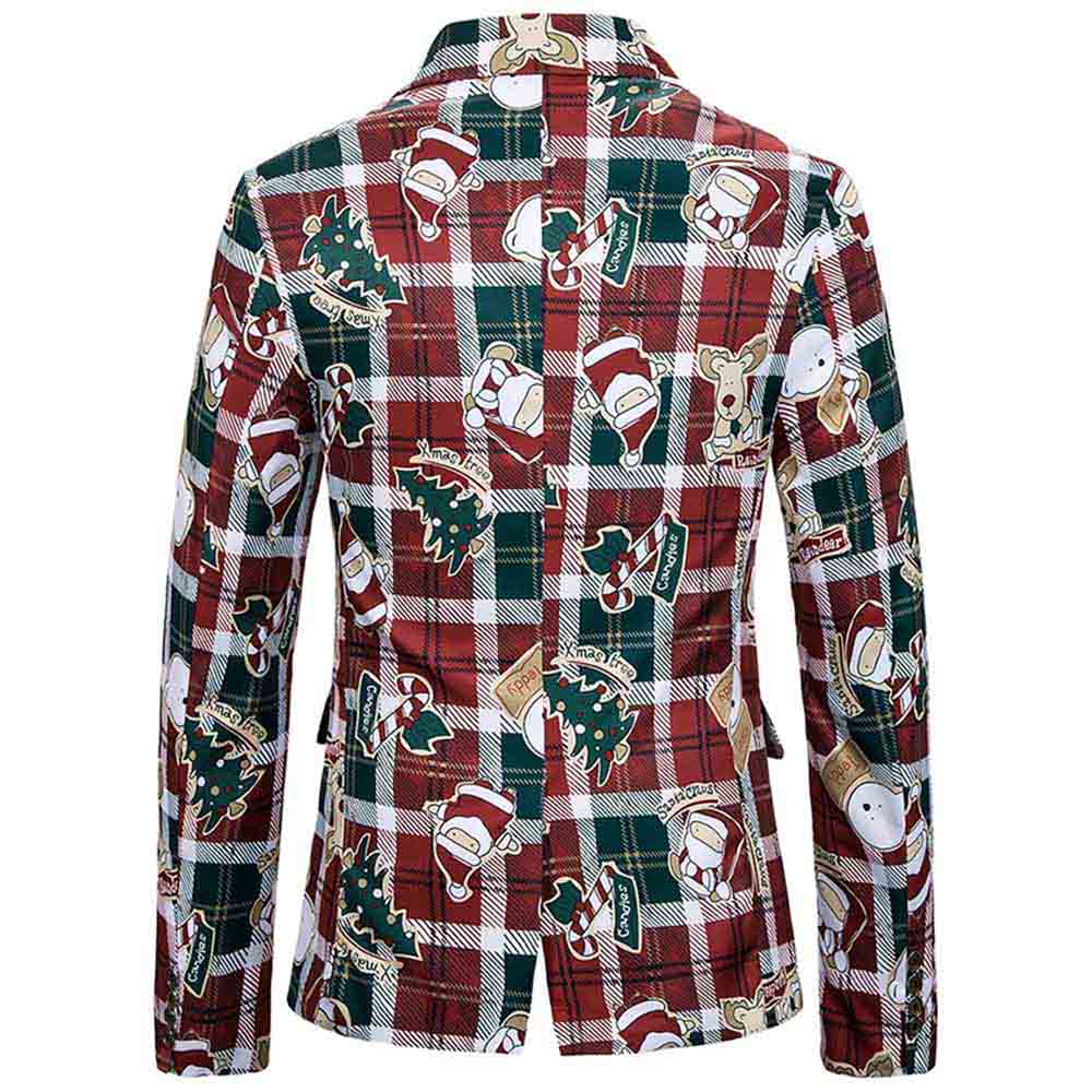 Mens Christmas Jacket Cartoon Plaid Printed Slim Fit Dinner Blazer Red